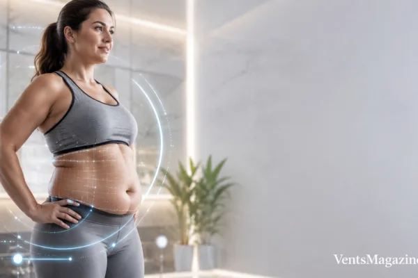 Apron belly woman in fitness clothing exploring how to get rid of apron belly through healthy lifestyle changes and wellness support