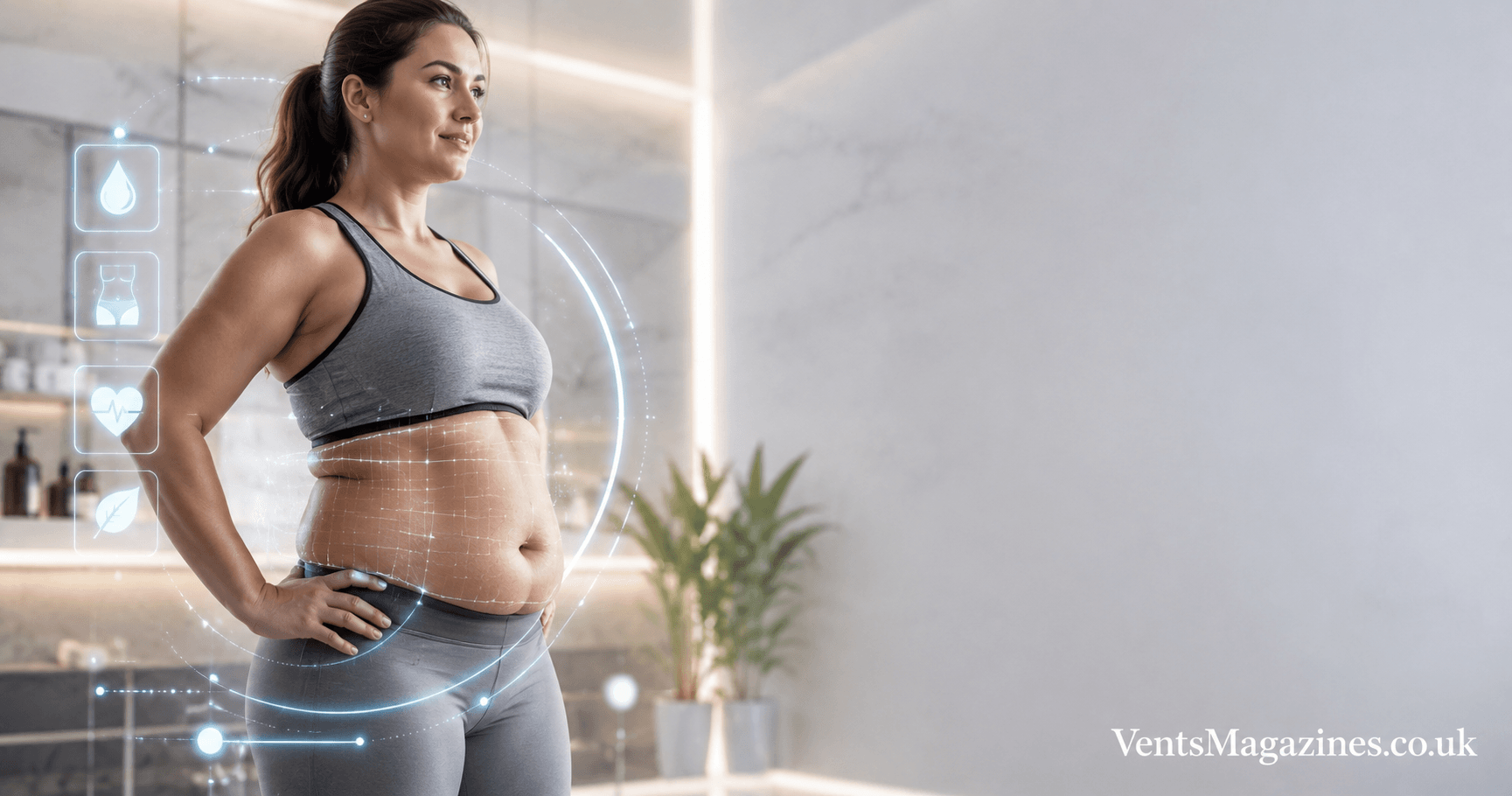 Apron belly woman in fitness clothing exploring how to get rid of apron belly through healthy lifestyle changes and wellness support