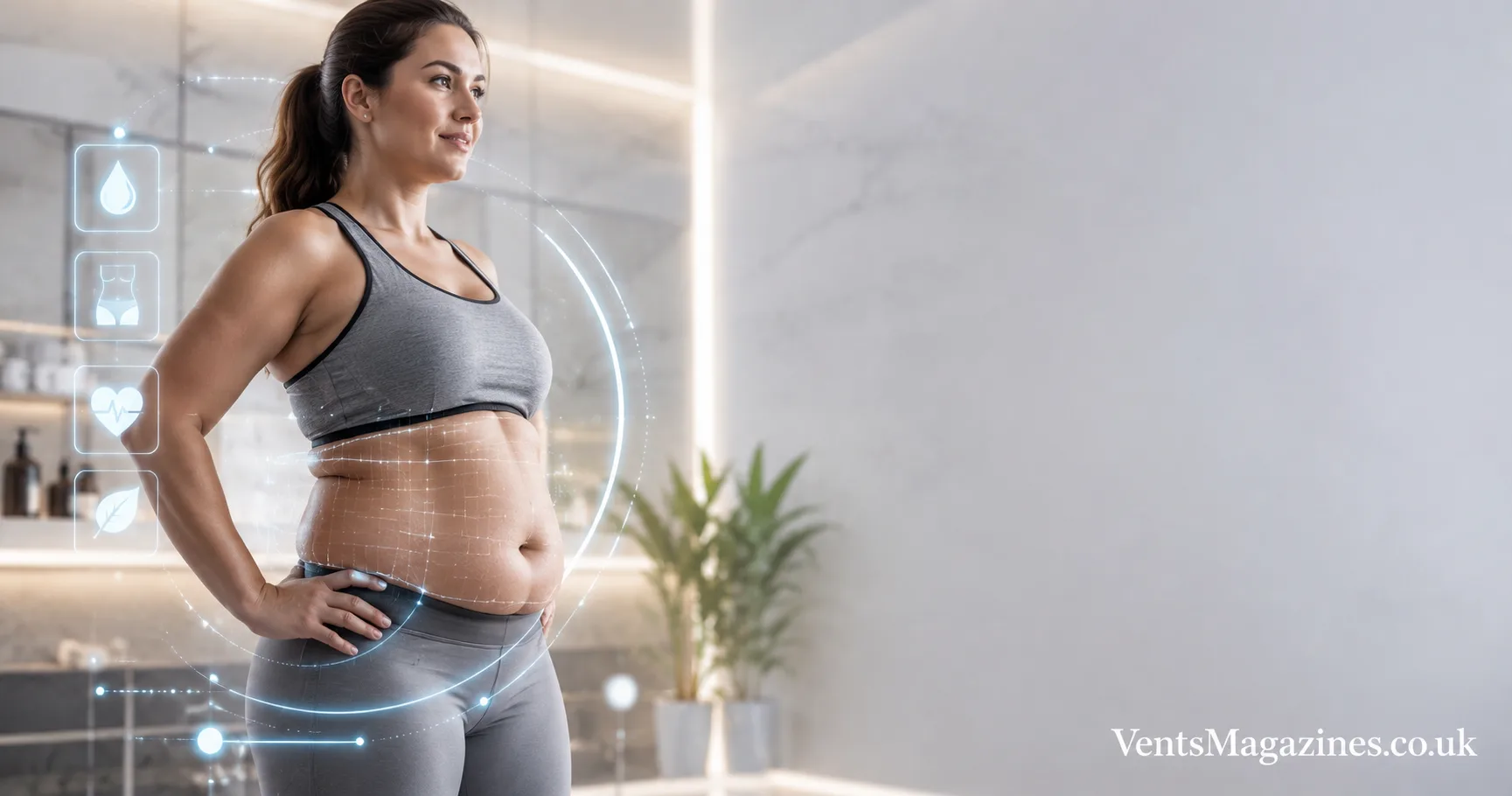 Apron belly woman in fitness clothing exploring how to get rid of apron belly through healthy lifestyle changes and wellness support