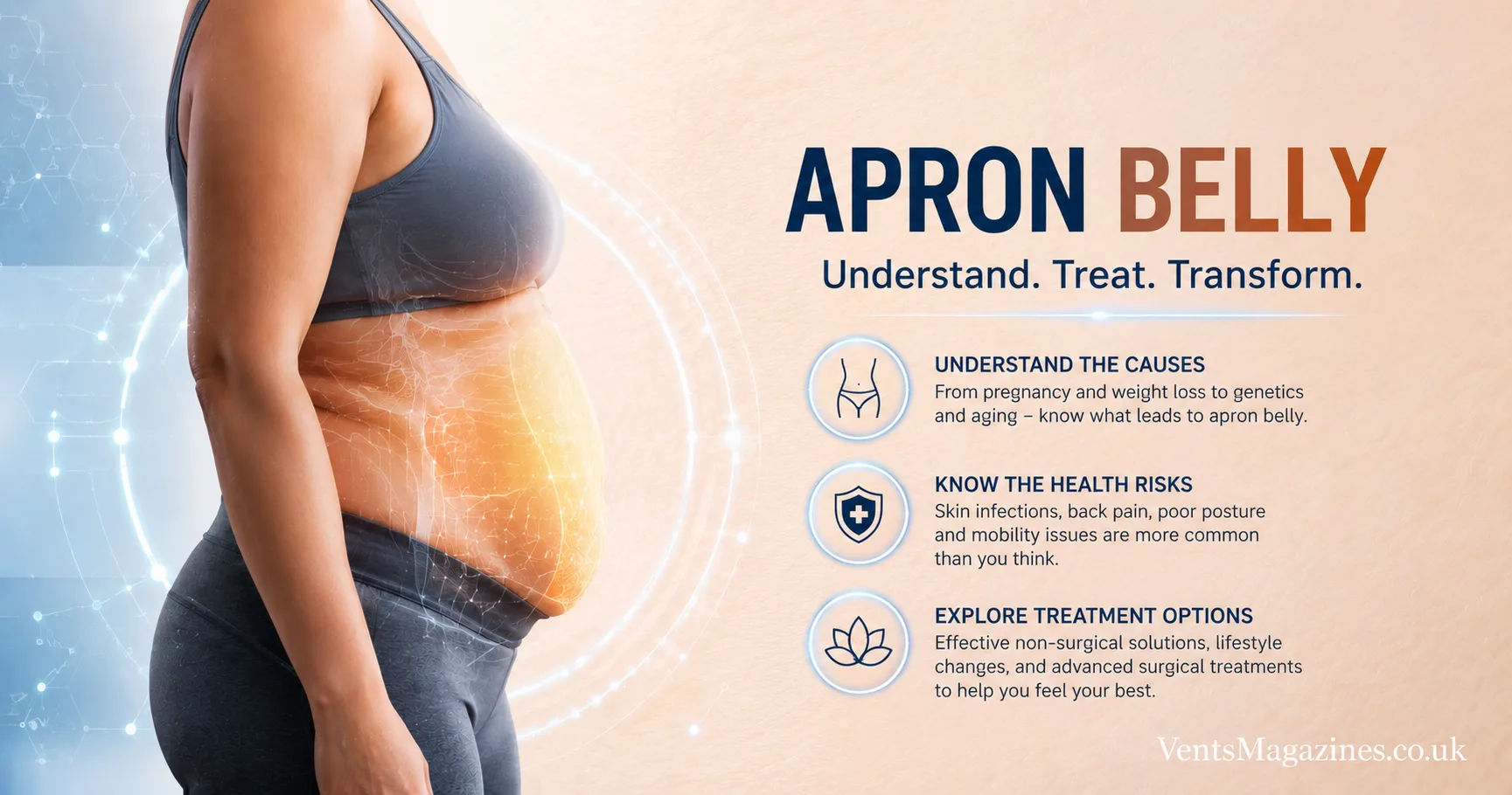 Medical illustration explaining apron belly fat and excess skin with advanced healthcare visualization technology