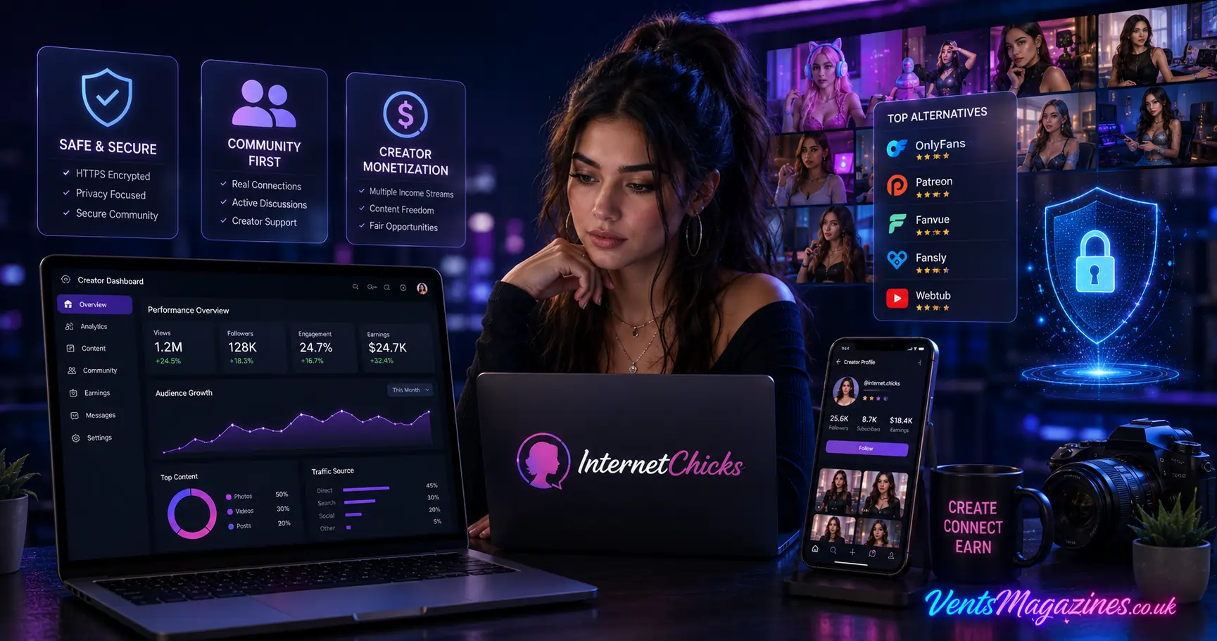 Internet Chicks creator platform review featuring creator analytics, community tools, safety features, and alternative platforms.