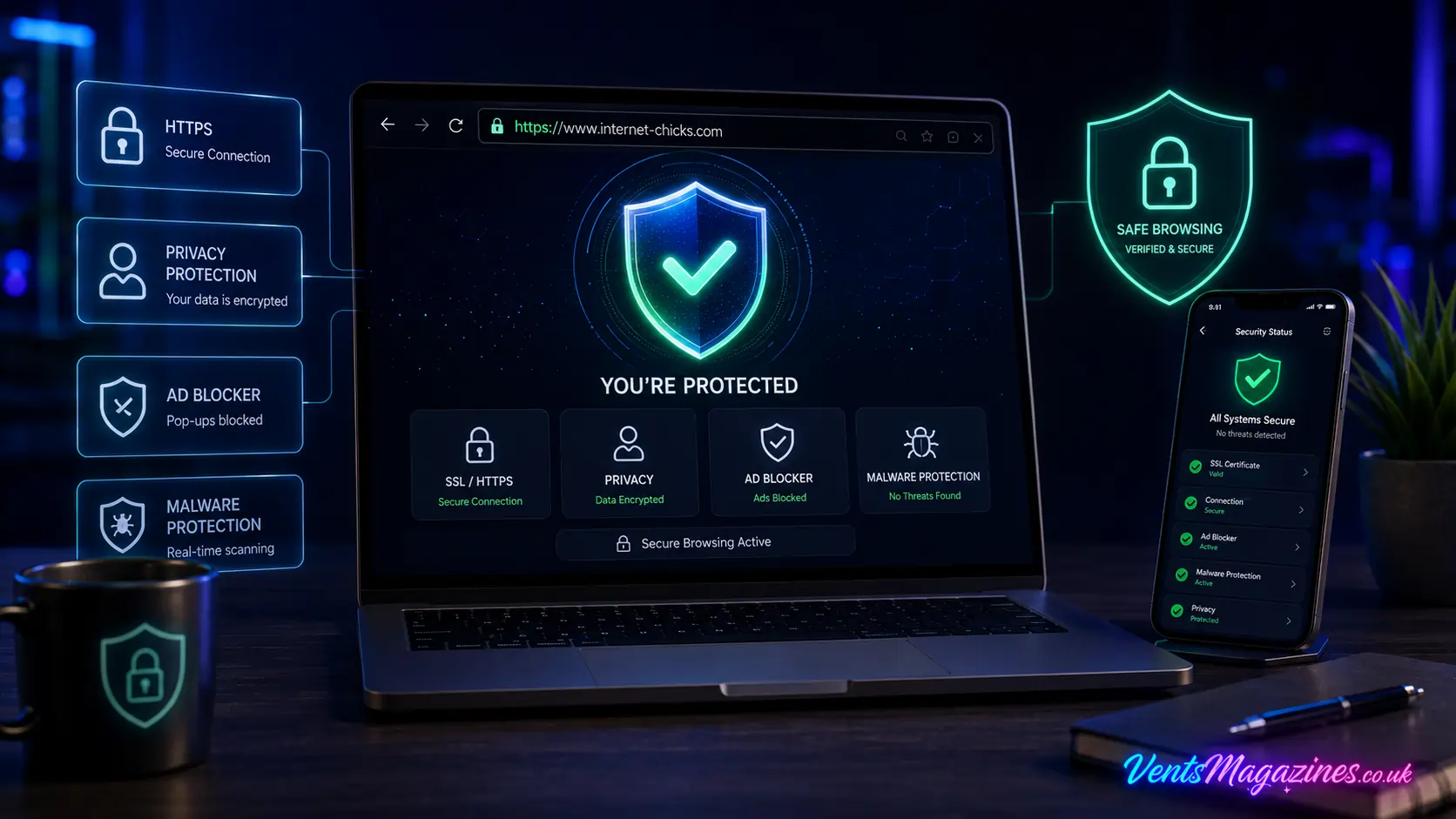 Internet Chicks website security concept featuring HTTPS encryption, privacy protection, ad blocker, and malware protection tools.