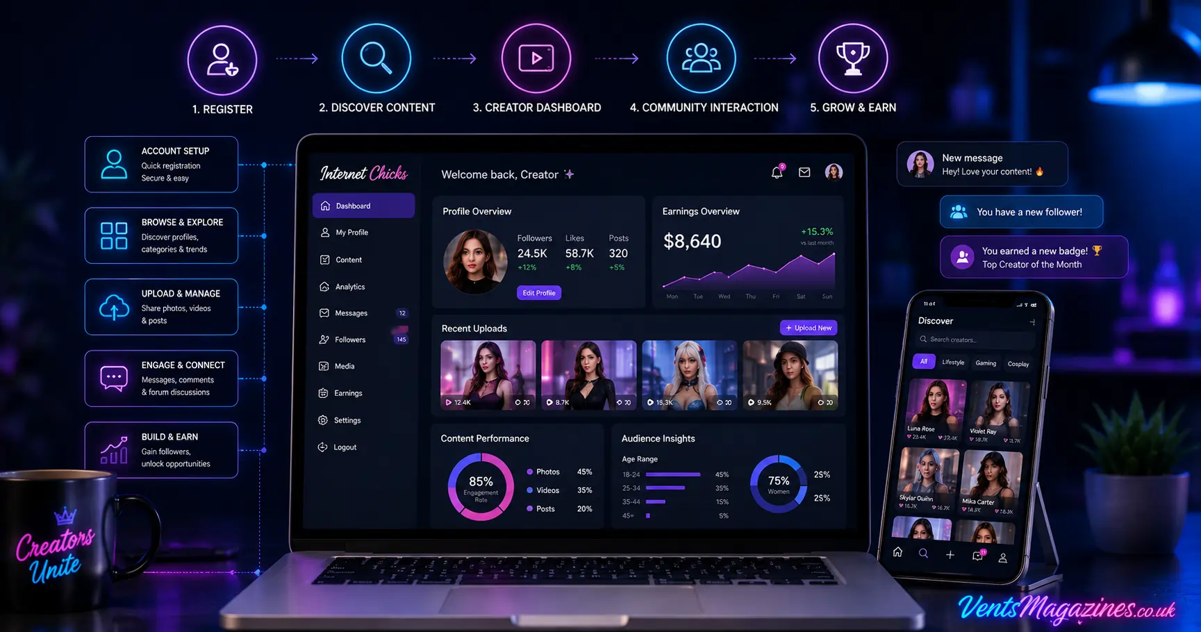 Internet Chicks creator dashboard showing registration, content discovery, profile management, community interaction, and creator growth tools.