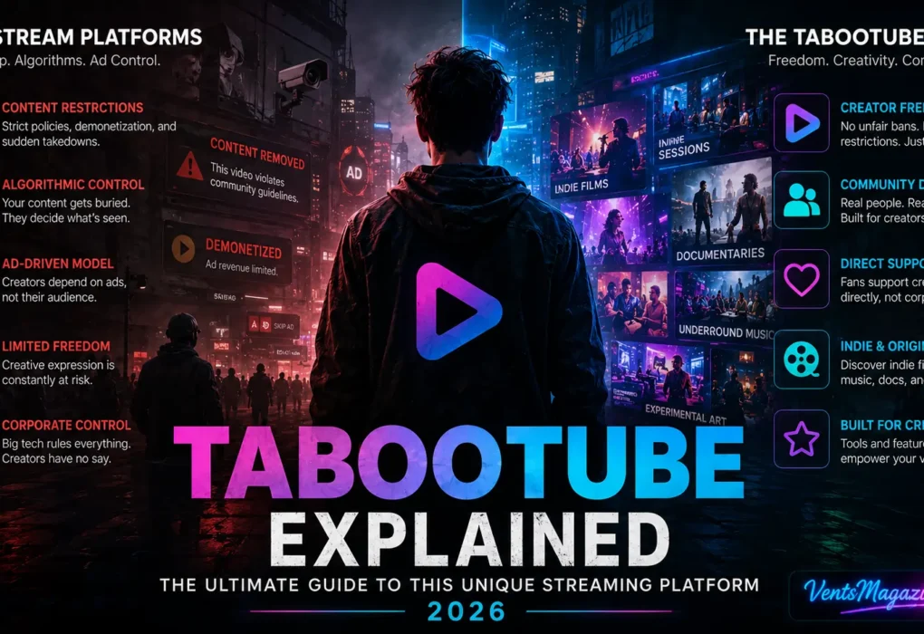 Cinematic TabooTube illustration featuring an independent creator standing between restrictive mainstream platforms and an open creative ecosystem filled with indie films, documentaries, underground music, and artistic freedom.