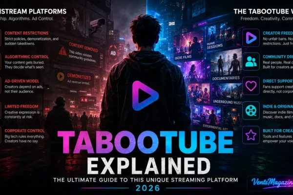 Cinematic TabooTube illustration featuring an independent creator standing between restrictive mainstream platforms and an open creative ecosystem filled with indie films, documentaries, underground music, and artistic freedom.