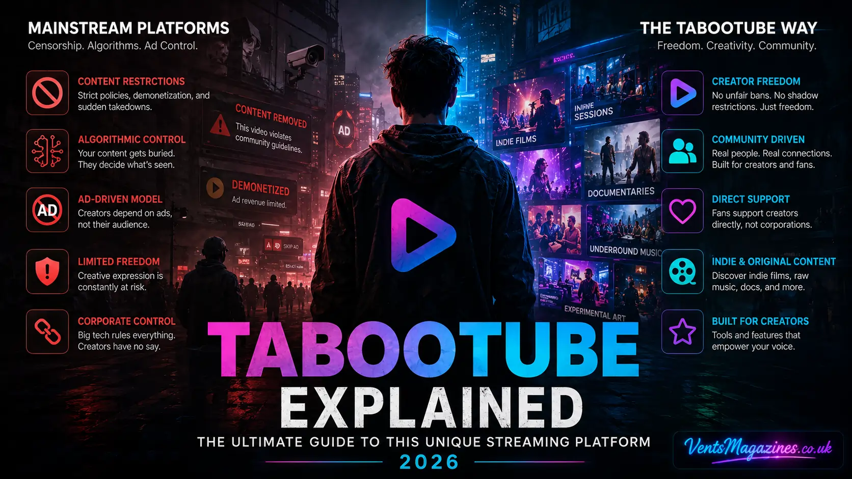 Cinematic TabooTube illustration featuring an independent creator standing between restrictive mainstream platforms and an open creative ecosystem filled with indie films, documentaries, underground music, and artistic freedom.