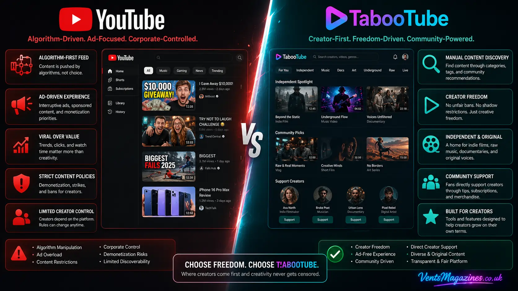 Split-screen TabooTube vs YouTube comparison showing algorithm-driven content feeds, advertisements, creator freedom, community discovery, and independent content.