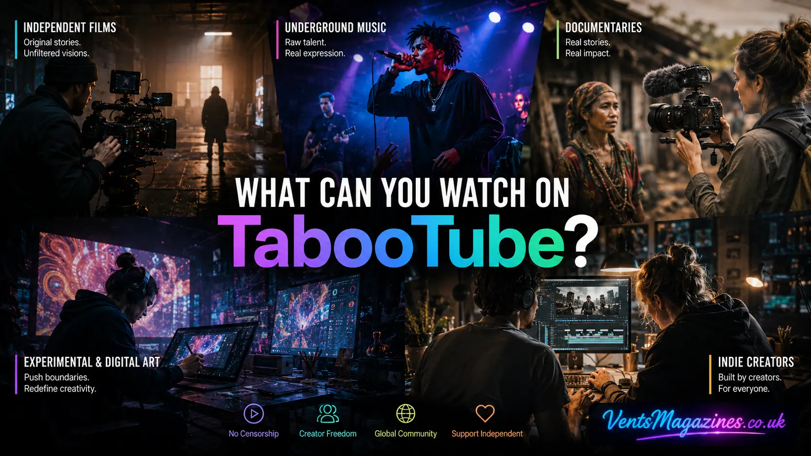Collage featuring independent filmmakers, underground musicians, documentary creators, digital artists, and creative content producers.