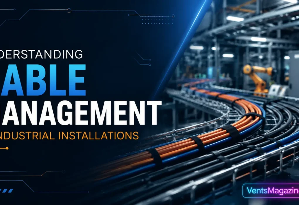 A professional industrial setup showcasing organized cable management systems, including Cable Management trays and protective conduits in a factory environment.