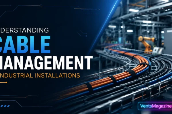 A professional industrial setup showcasing organized cable management systems, including Cable Management trays and protective conduits in a factory environment.