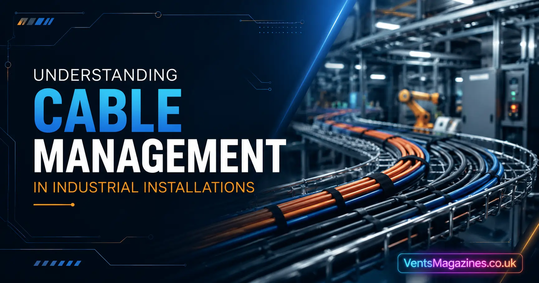 A professional industrial setup showcasing organized cable management systems, including Cable Management trays and protective conduits in a factory environment.