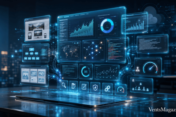 Merfez central AI hub connected to SEO, content generation, and website optimization zones through glowing digital networks.