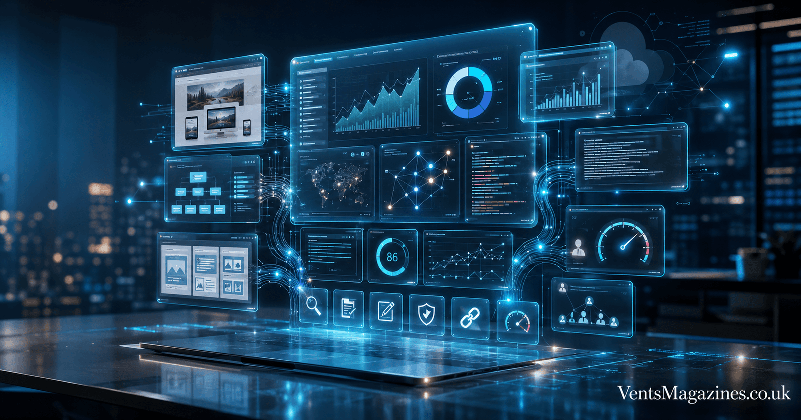 Merfez central AI hub connected to SEO, content generation, and website optimization zones through glowing digital networks.