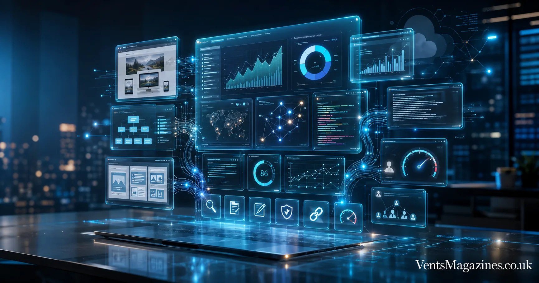 Merfez central AI hub connected to SEO, content generation, and website optimization zones through glowing digital networks.