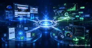 Merfez AI dashboard showing SEO analytics, website building tools, keyword research, and performance optimization in a futuristic holographic interface.