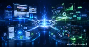 Merfez AI dashboard showing SEO analytics, website building tools, keyword research, and performance optimization in a futuristic holographic interface.